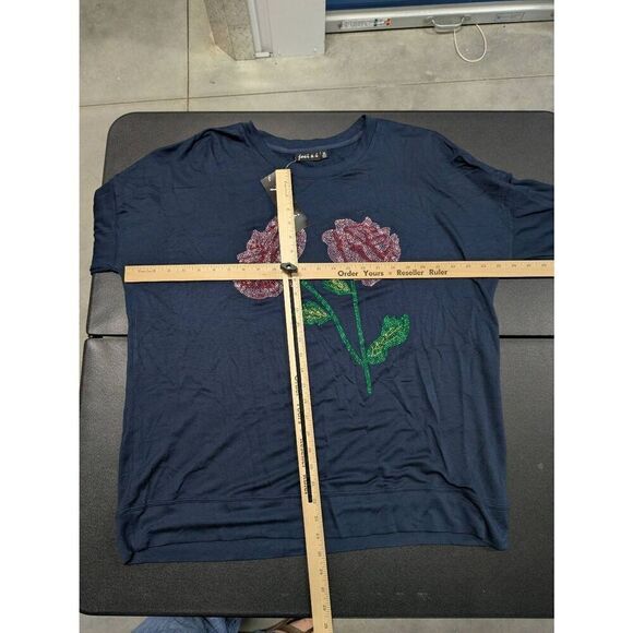 NWT Joei & i ROSE RHINESTONE LONG SLEEVE T-SHIRT Navy Blue Cotton Size 2X - Picture 6 of 6